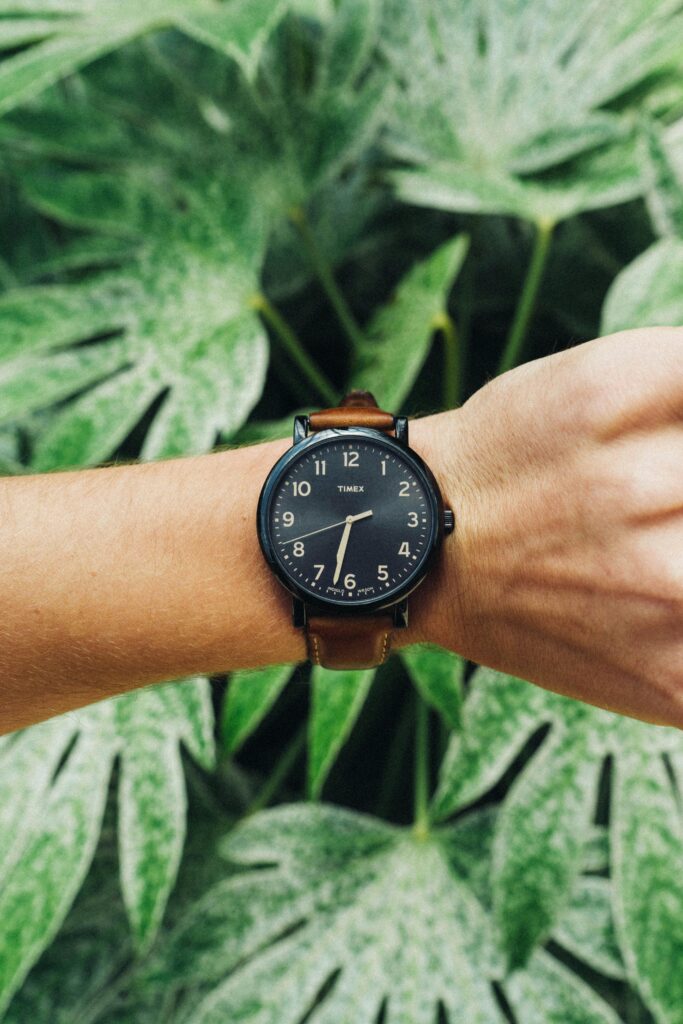 Man's wrist wearing a stylish watch in front of lush green foliage showcasing nature.